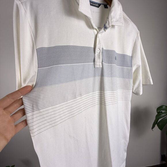 TravisMathew Men’s Polo Shirt Medium White Blue Stripe Performance Golf Top - Picture 3 of 7